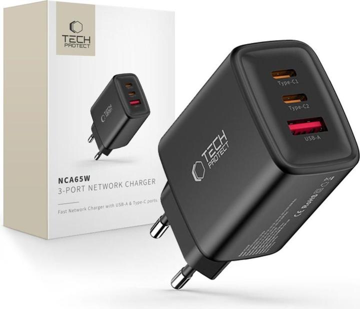 Image du produit Tech-Protect NCA65W-GAN USB-A, 2xUSB-C Netzladegerät PD 65W / QC3.0 Schwarz (65 W, 3 ports)