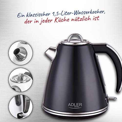 Image du produit Adler AD 1343b Electric, 2200 W, 1.5 L, Stainless steel, 360 ° rotational base, Black (1.50 l)
