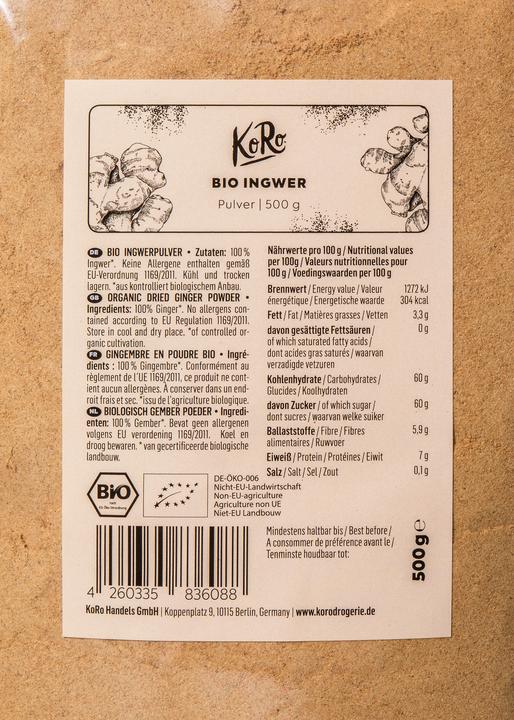 Nährwerte und Zutaten KoRo Bio Ingwerpulver (500 g)