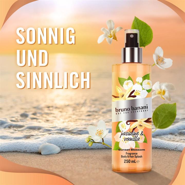 Produktbild Bruno Banani BB Sunset Blossom BM 250ml (250 ml, Körper- & Haarduftspray, Birne, Jasmin, Kokosmilch, Orange, Vanille, Zedernholz)