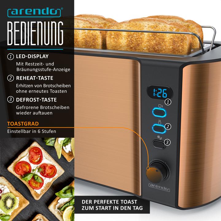 Actual product image Arendo Breakfast set, 4-slice long slot toaster with bread roll top & egg boiler for 7 eggs, copper