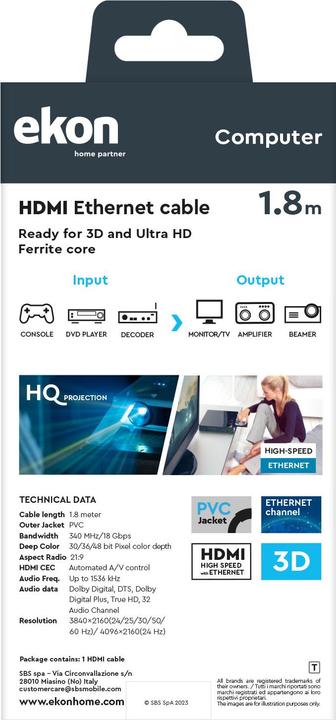 Actual product image Ekon HDMI Ethernet metal cable 4K Ultra HD 1.8m (1.80 m, HDMI)