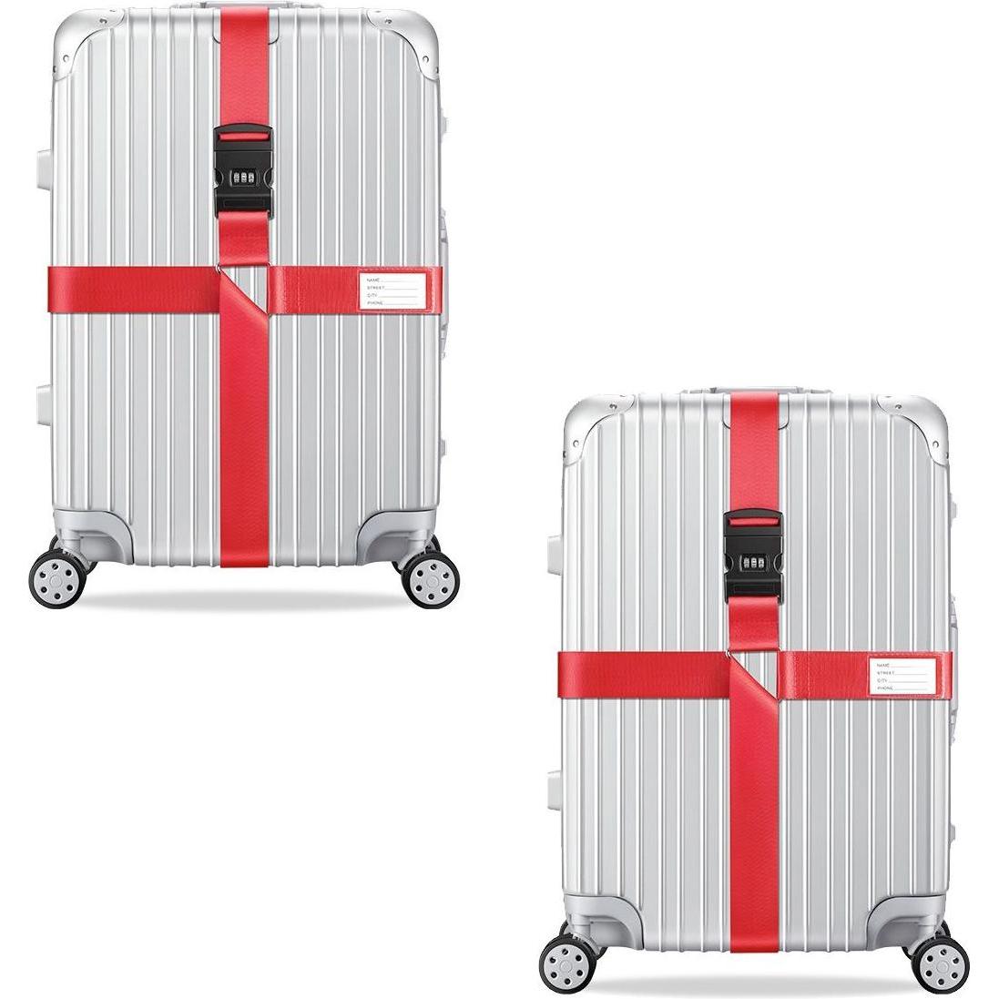König Design, Reisezubehör, 2x Kreuz Kofferband Koffergurt Gepäckband Kofferriemen Gepäckgurt Zahlencode Set, Rot
