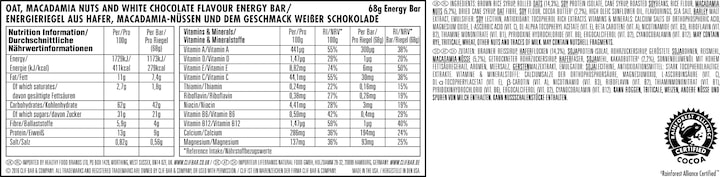 Valeurs nutritives et ingrédients Clif Bar Boulon (Noix de macadamia, Chocolat blanc, 12 pcs, 816 g)