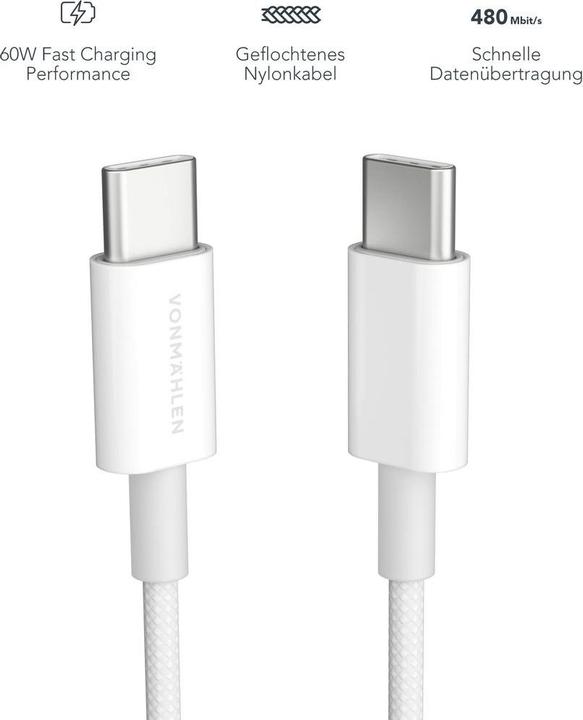 Produktbild Vonmählen USB-C to USB-C Cable 60W - 1m, White (1 m, USB 2.0, 60 W)