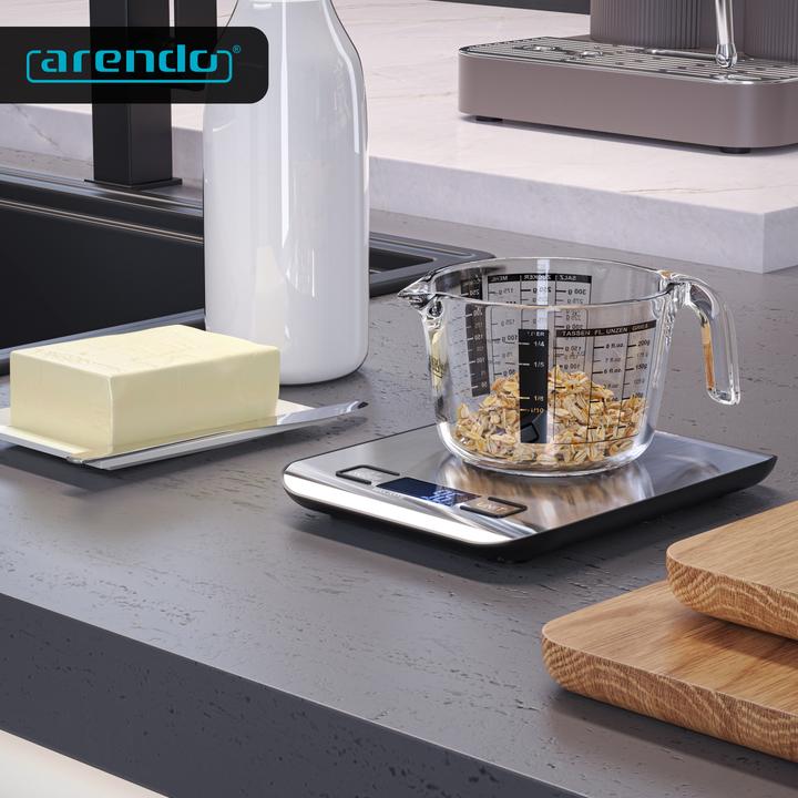 Produktbild Arendo Digitale Lebensmittelwaage bis 5 kg aus Edelstahl, Messgenauigkeit 1g, Tara-Funktion, Display