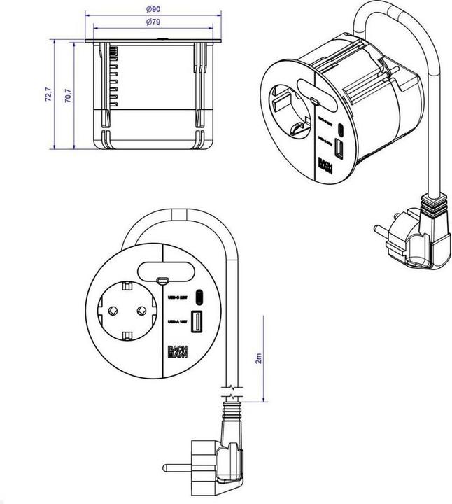 Actual product image Bachmann 938.201 LOOP IN CHARGE 1xCEE7/3 (3x, CEE 7/3, USB-A, USB-C, 2 m)