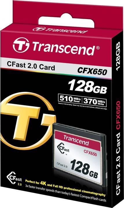 Actual product image Transcend CFX650 CFast 2.0 128GB Card R510MB/s MLC (128 GB, CFast 2.0, U3)