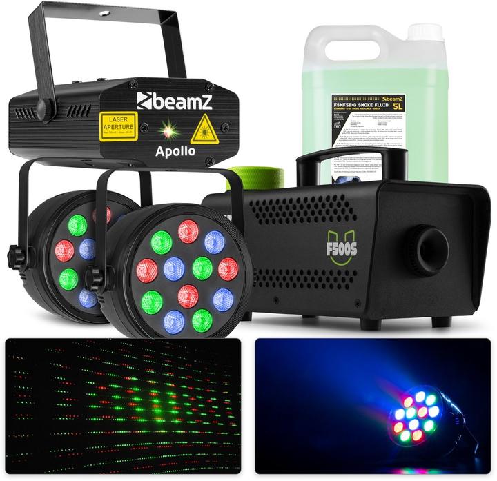 Produktbild BeamZ lichtset met laser, PAR spots en 500W rookmachine met 5 liter rookvloeistof (500 W)