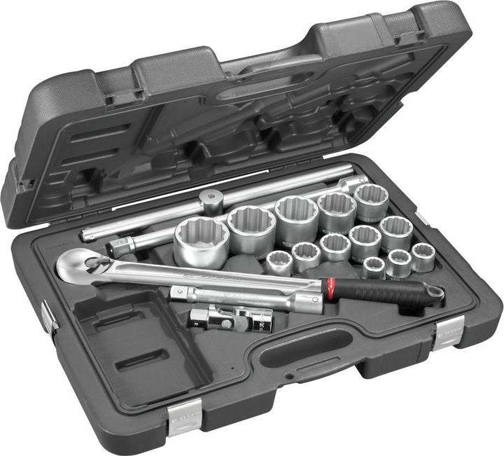 Facom Sortiment mit 12-Kant-Steckschlüsseln 3/4" und Antriebselementen, im stabilen Werkzeugkasten & Staub (3/4")