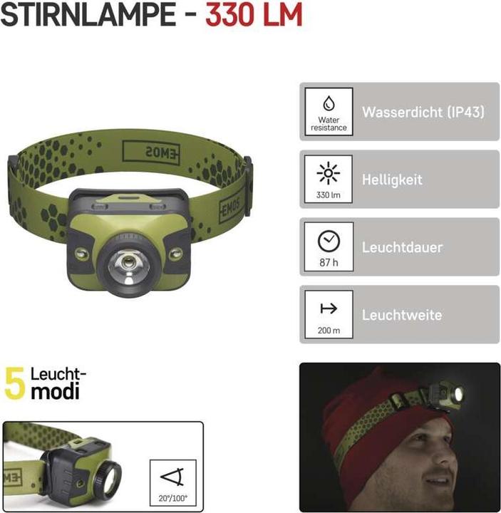 Actual product image Emos CREE LED Headlamp, 330 lm, 200 m, 3× AAA (330 lm)