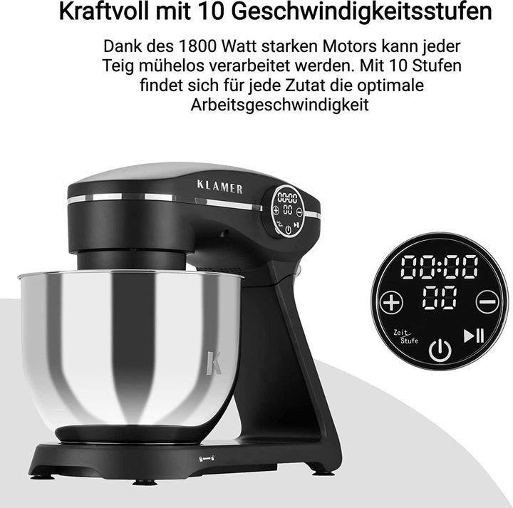 Image du produit KLAMER Küchenmaschine, Knetmaschine mit 6 Liter Edelstahl Schüssel (1800 W)