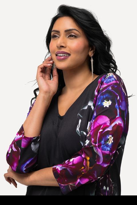 Produktbild Ulla Popken Slinkykleid, Blüten, A-Linie, V-Ausschnitt, 3/4-Arm (42, 44)