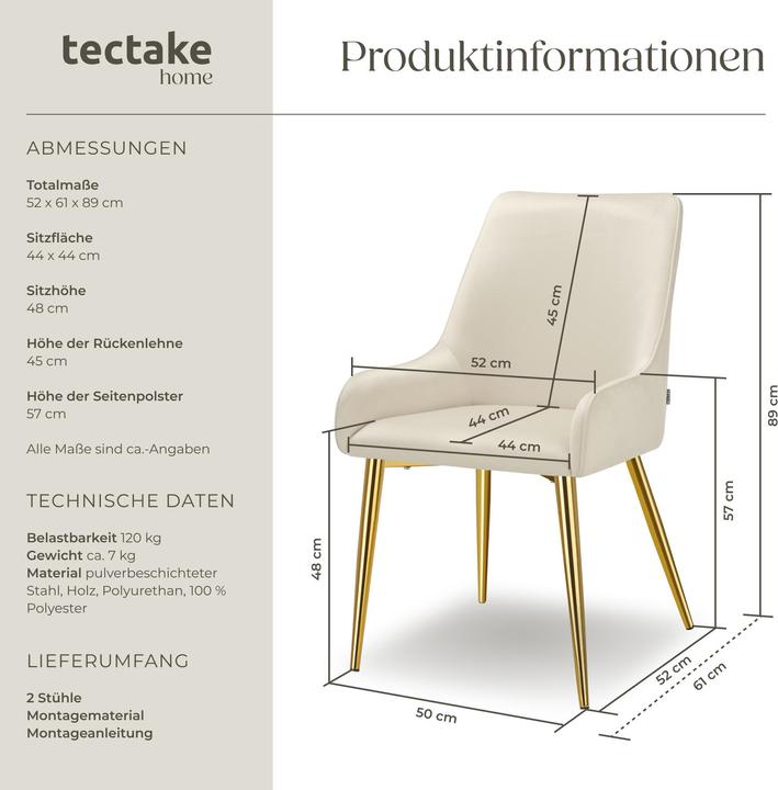 Produktbild tectake Polsterstuhl Avane, Samtoptik, Belastbarkeit 120 kg