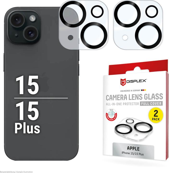 Produktbild Displex Full Cover Camera Lens Glass, Kamera Schutzglas, Platte, Doppelpack (2 Stück, Apple iPhone 15 Plus, Apple iPhone 15)