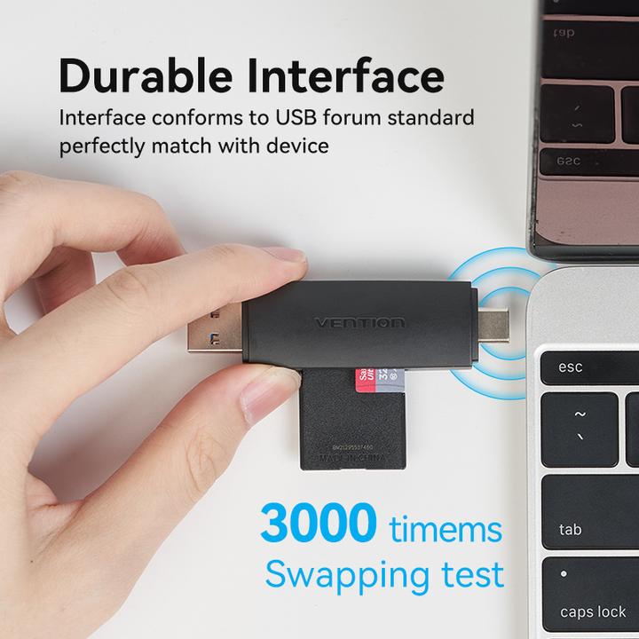 Actual product image Vention 2-in-1 USB 3.0 A+C Card Reader(SD+TF) Black Dual Drive Letter (Type-B)