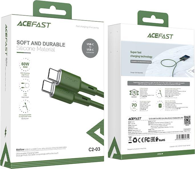 Produktbild Acefast cable USB Type C - USB Type C 1.2m, 60W (20V / 3A) green (C2-03 oliver green) (1.20 m, USB 2.0, 60 W)