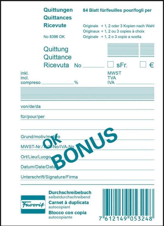 Favorit Durchschreibebuch OK Bonus Quittungen