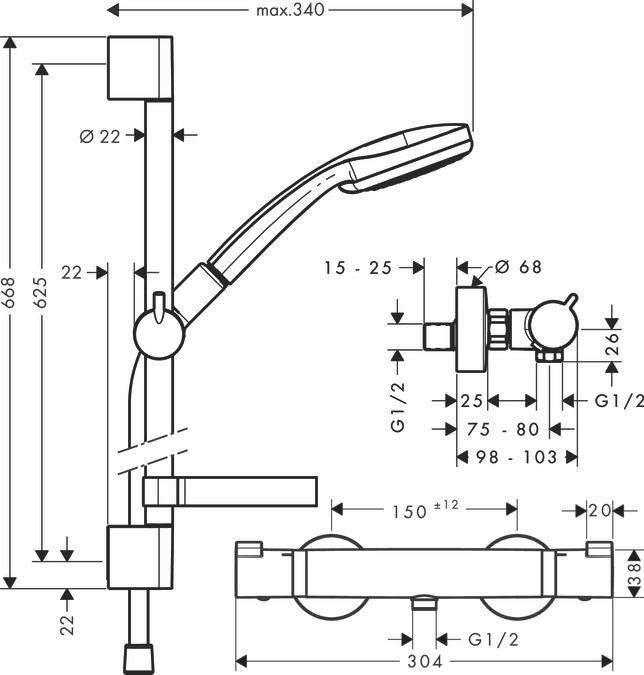 Produktbild hansgrohe HG Brausekombi CROMA 100 ECOSTAT COMFORT EcoSm Vers. Bsta Unica'C 650mm chrom