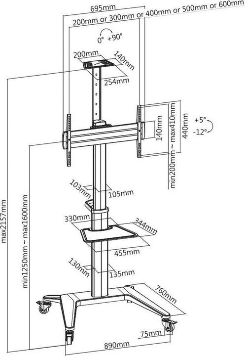 Produktbild SpeaKa Professional SP-TVC-1400 TV-Rollwagen Höhenverstellbar, Geräteablage 94,0 (75", 70 kg)