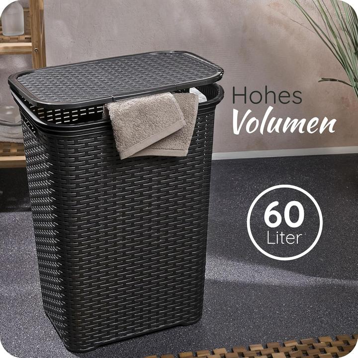 Actual product image Novaliv 3 Stück Rattan Wäschekorb mit Deckel 60L Schwarz, Wäschebox Set Wäscheeimer Wäschebehälter m (60 l)