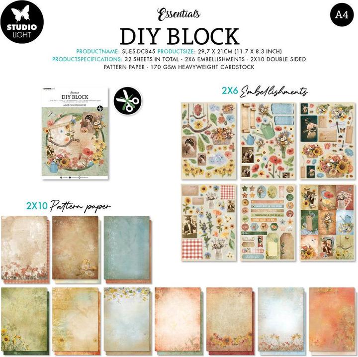 Actual product image art by marlene DIY Block "Aged Wildflowers" 32 Sheets A4 Essentials