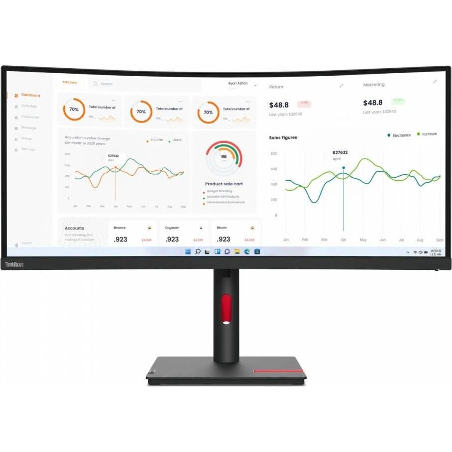 Lenovo ThinkVision T34w-30 (3440 x 1440 Pixel, 34"), Monitor, Schwarz