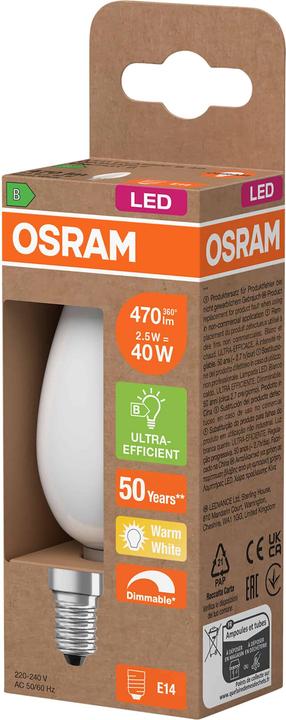 Produktbild Osram LED-Lampe Classic, dimmbar, E14, 2,5 W, 2700 K, EEK: B, 470 lm, warmweiss (E14, 2.50 W, 470 lm, 6 x, B)