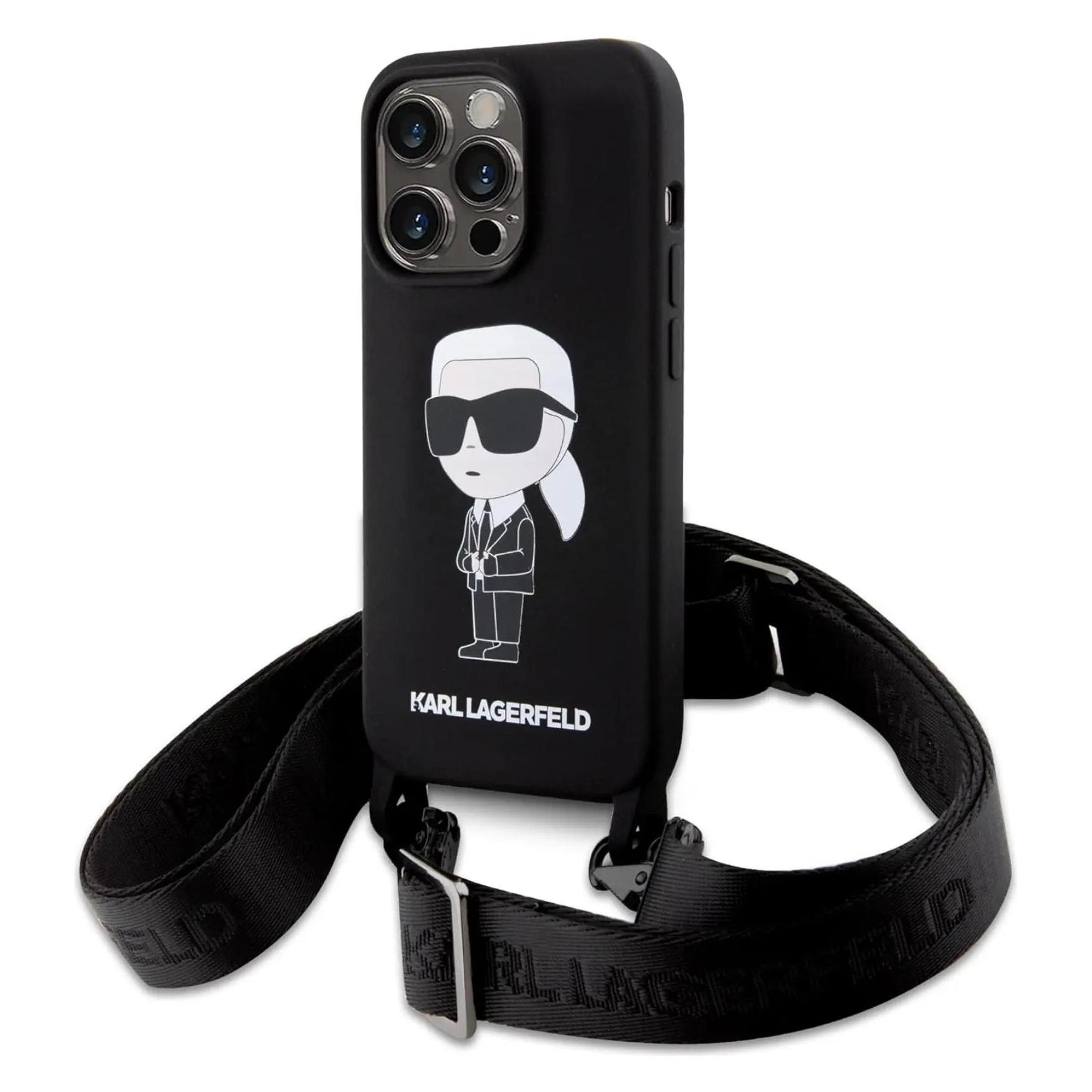 Karl Lagerfeld KLHCP15XSCBSKNK IPhone 15 Pro Max 6.7" Hardcase Czarny/black Crossbody Silicone Ikoni (Apple IPhone 15 Pro Max), Smartphone Hülle,