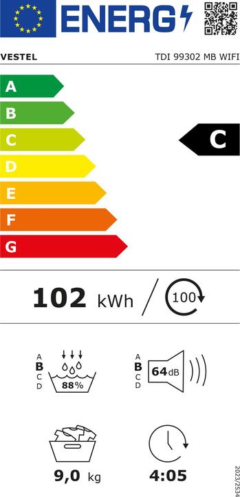 Energie-Label Vestel Waschmaschine TDI99302MB WIFI 9kg/1400Umin bk A++ (Speditionsversand) (9 kg, Links)