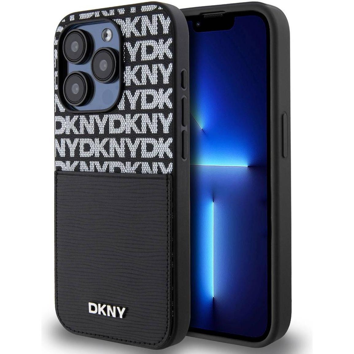 DKNY PU Leather Repeat Pattern Card Pocket Case for iPhone 14 Pro Black (Apple iPhone 14 Pro), Smartphone Hülle, Weiss