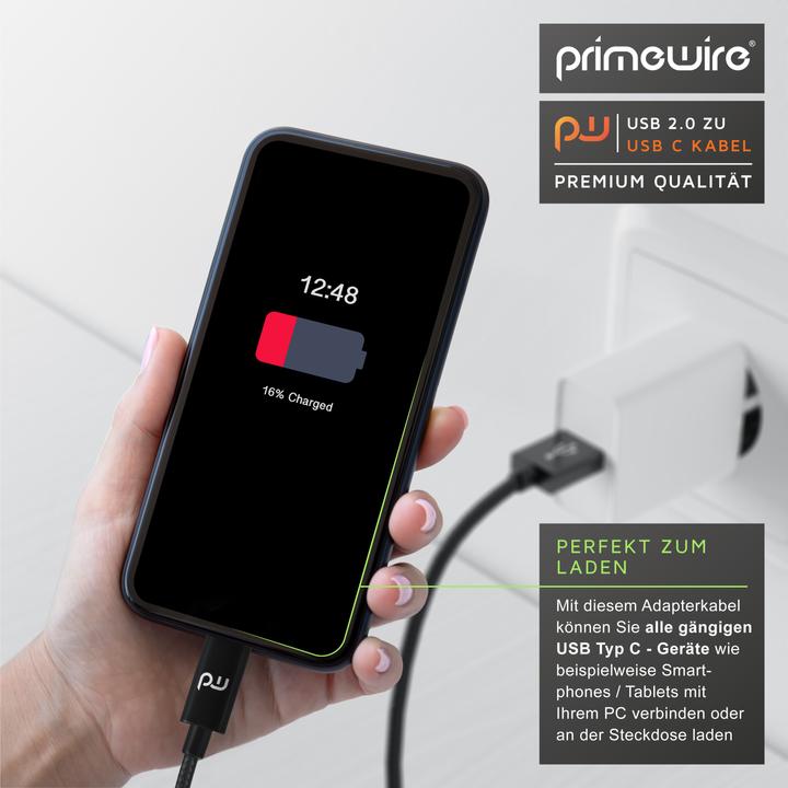 Produktbild Primewire USB-C 3.1 Kabel - Typ C zu Typ A Datenkabel, Ladekabel - Nylonmantel - bidirektional - Geschirmt (1 m, USB 2.0)