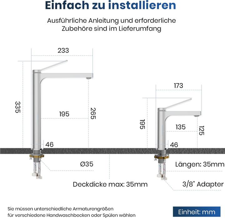 Produktbild Emke Wasserhahn Bad, verchromt, Mischbatterie Waschbecken, Messing, mit Luftsprudler, Keramikkartusche, e