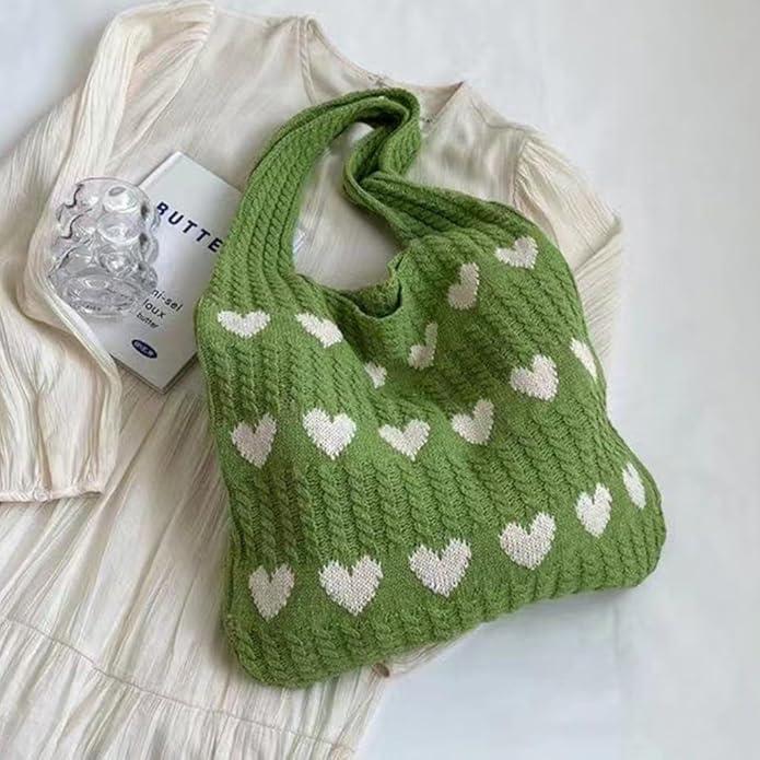 Actual product image Only-Bags.Store Minimalist hobo bag with love pattern, knitted shopping bag, lightweight holiday bag
