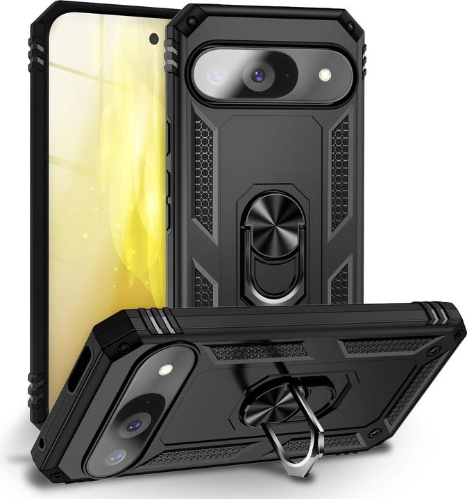 Produktbild Nalia RingDefend - Schwarze Panzerhülle mit 360-Grad Finger-Halter & Ständer - Military Style Cover (Google Pixel 9)