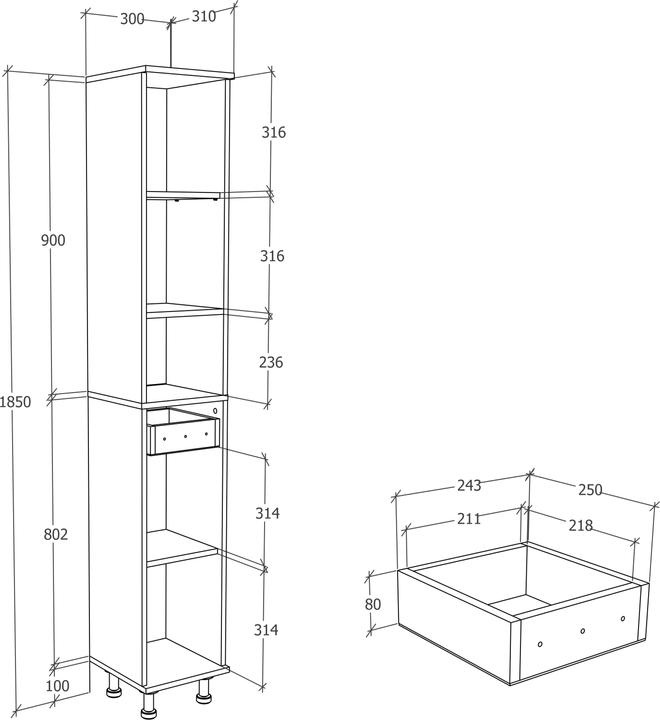 Actual product image VCM Wooden Bathroom Furniture Tall Cabinet Bathroom Cabinet Bathroom Drawer Shelf Nilosi (30 x 31 x 185 cm)