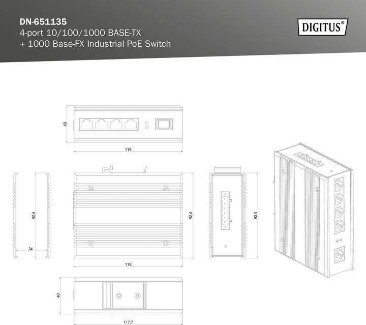 Produktbild Digitus 4-port 10/100/1000BASE-TX+1000Base-FX Industrial PoE Switch (4 Ports)