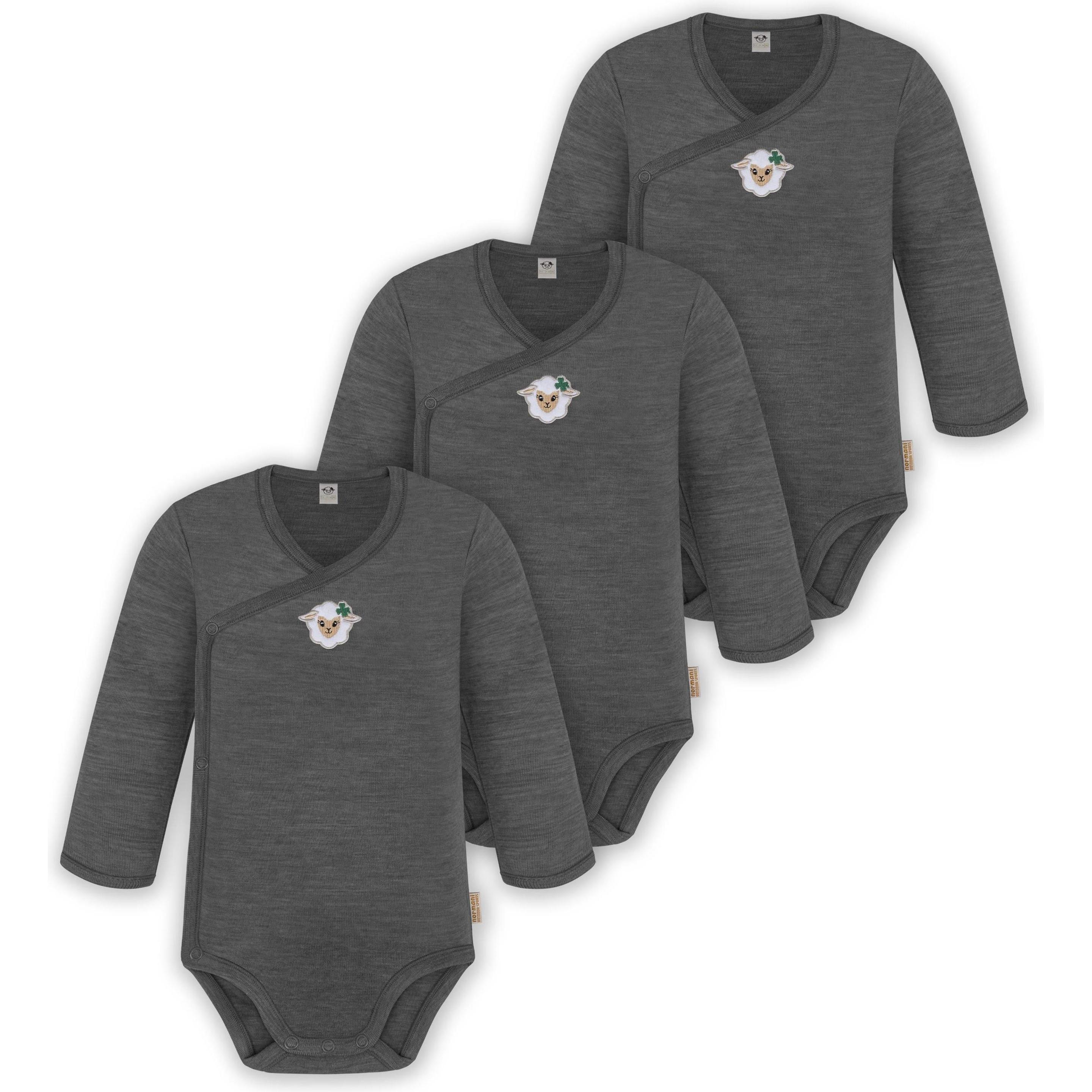 Thumbnail - Normani, Herren, Body, 3er Pack Multipack Baby-Body Merino Wickelbody Langarmbody mit Knöpfen - 9345, Grau, (68)
