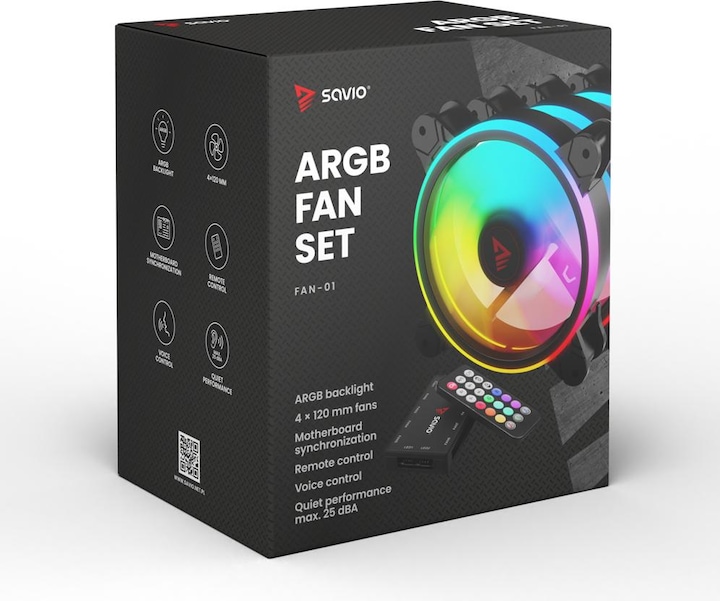 Produktbild Savio Wentylator FAN-01 4-pack 120mm ARGB wraz kontrolerem oraz pilotem (120 mm, 1 x)