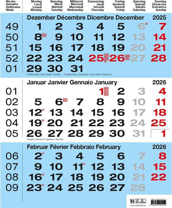 3-Monats-Kalender blau 2026 (31 x 40 cm, French, German)