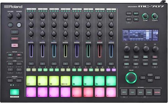 Actual product image Roland MC-707 Groovebox DJ mixer with headphones