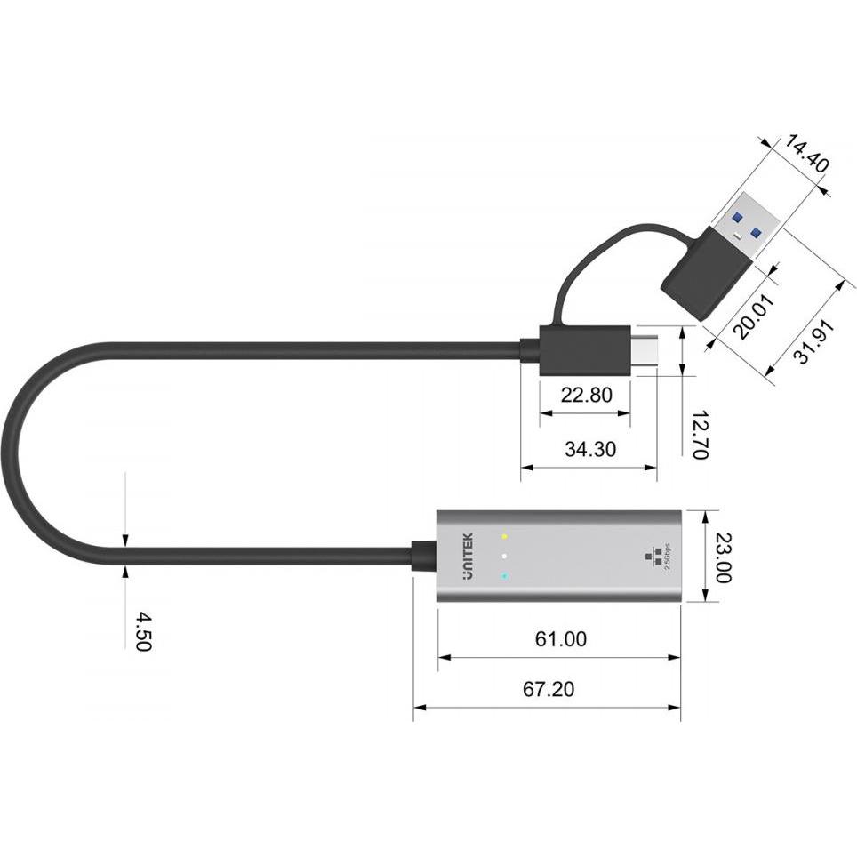 Thumbnail - Unitek ADAPTER USB-A/C - RJ45 2.5G ETHERNET (M/F) (1.80 m), Netzwerkkabel