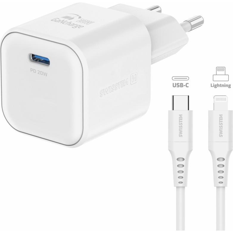 Swissten Travel Charger Gan 1X USB-C 20W Power Delivery White + Data Cable USB-C/Lightning 1,2M White (20 W), USB Ladege...