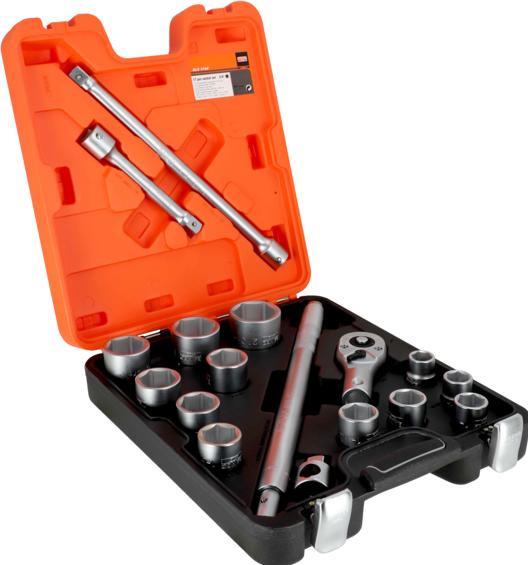 Actual product image Bahco 3/4" socket spanner set, hexagonal, 1-1/16" to 2", including ratchet head - 17 pieces (2 1/16")