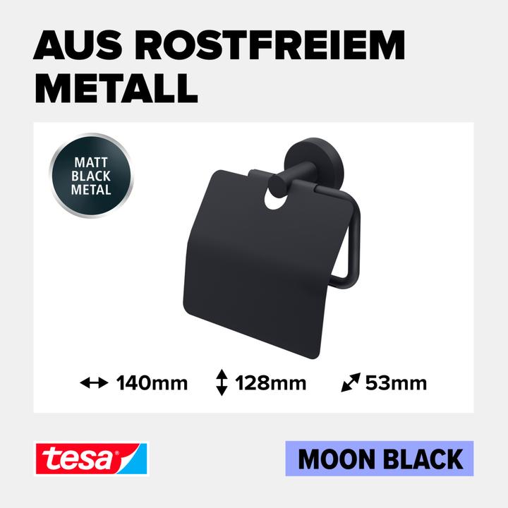 Image du produit tesa MOON BLACK Distributeur de papier toilette avec couvercle, y compris solution adhésive sans perçage