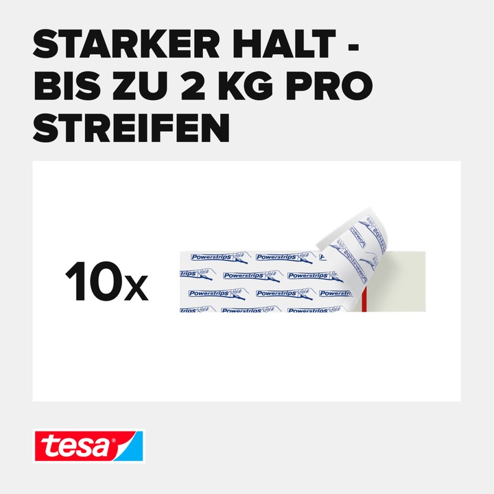 Produktbild tesa Powerstrips LARGE, 2kg Halteleistung, 10x doppelseitige Klebestreifen