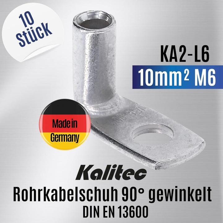 Produktbild Kalitec 10 Stück KA2-L6 Handelsübliche Rohrkabelschuhe gewinkelt 10mm² M6 I ohne Sichtloch I 90° I M