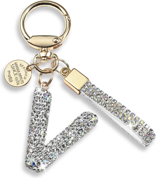 Actual product image Swissdetector Keyring with initial - V - Strass - Glitter - Silver
