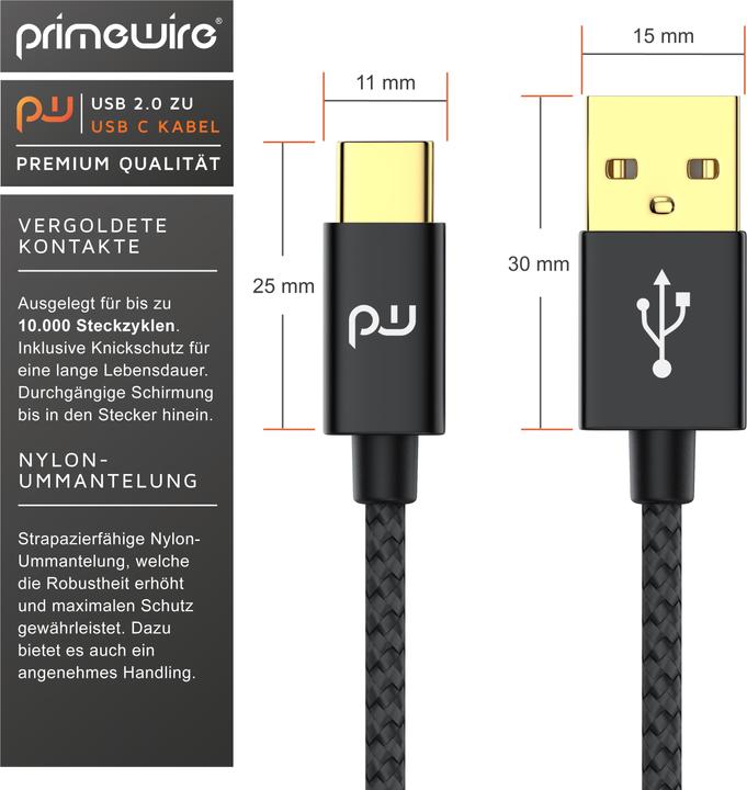 Produktbild Primewire USB-C 3.1 Kabel - Typ C zu Typ A Datenkabel, Ladekabel - Nylonmantel - bidirektional - Geschirmt (1 m, USB 2.0)