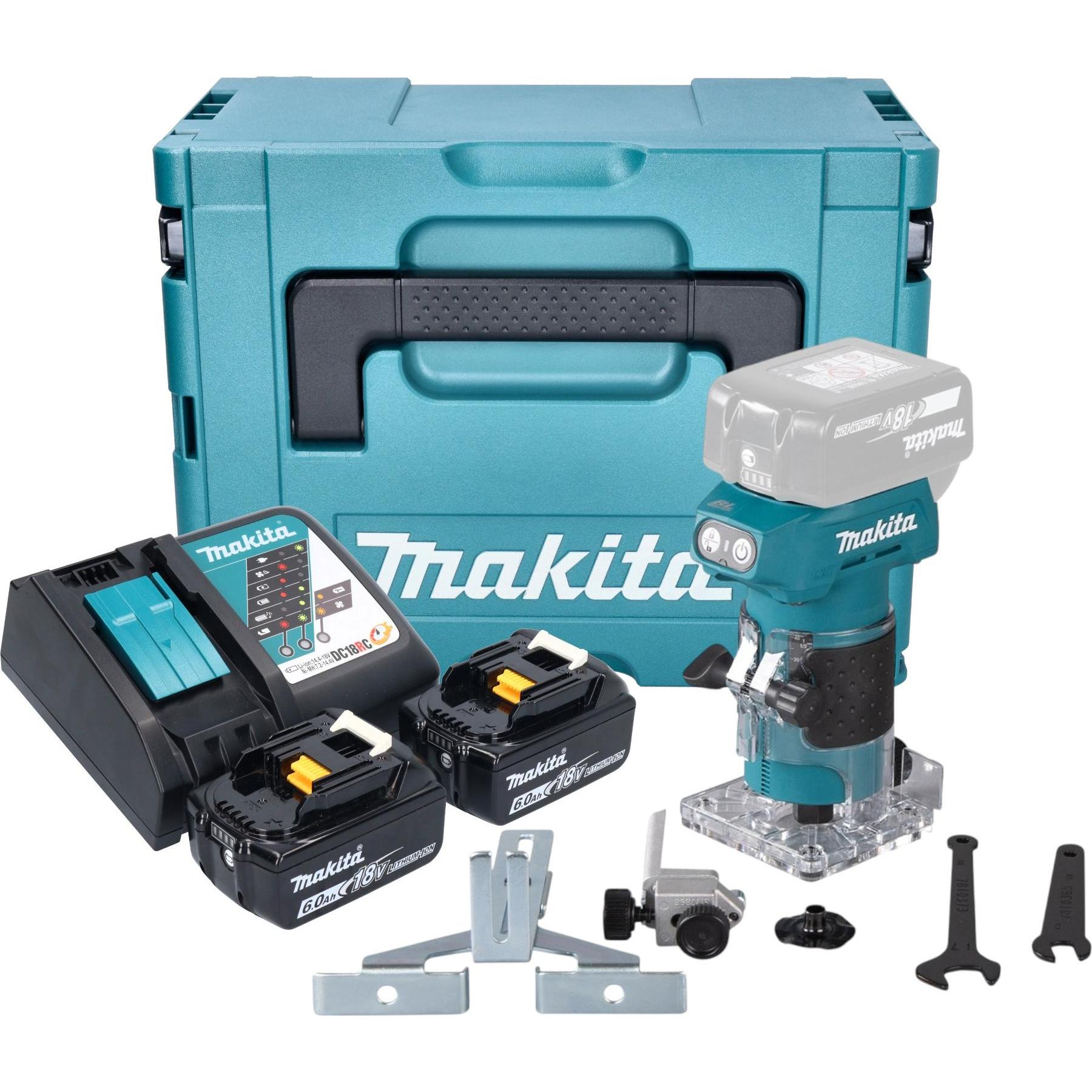 Makita, Fräse, DRT 52 RGJ Akku Kantenfräse 18 V 6 mm Brushless + 2x Akku 6,0 Ah + Ladegerät + Makpac